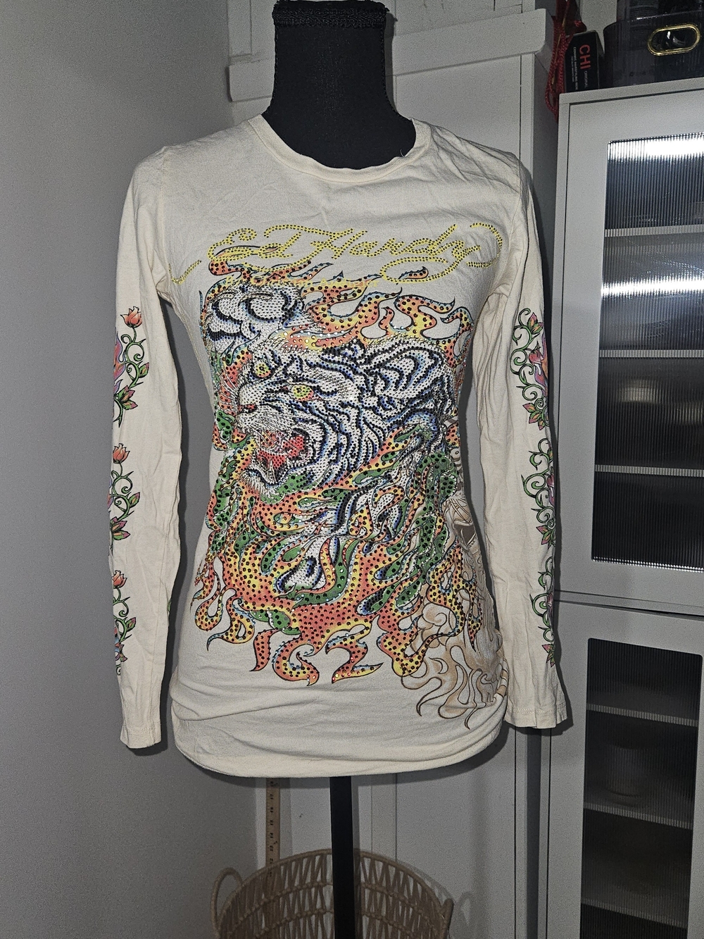 Ed Hardy Cream Long Sleeve Tiger & Flame Graphic Tee